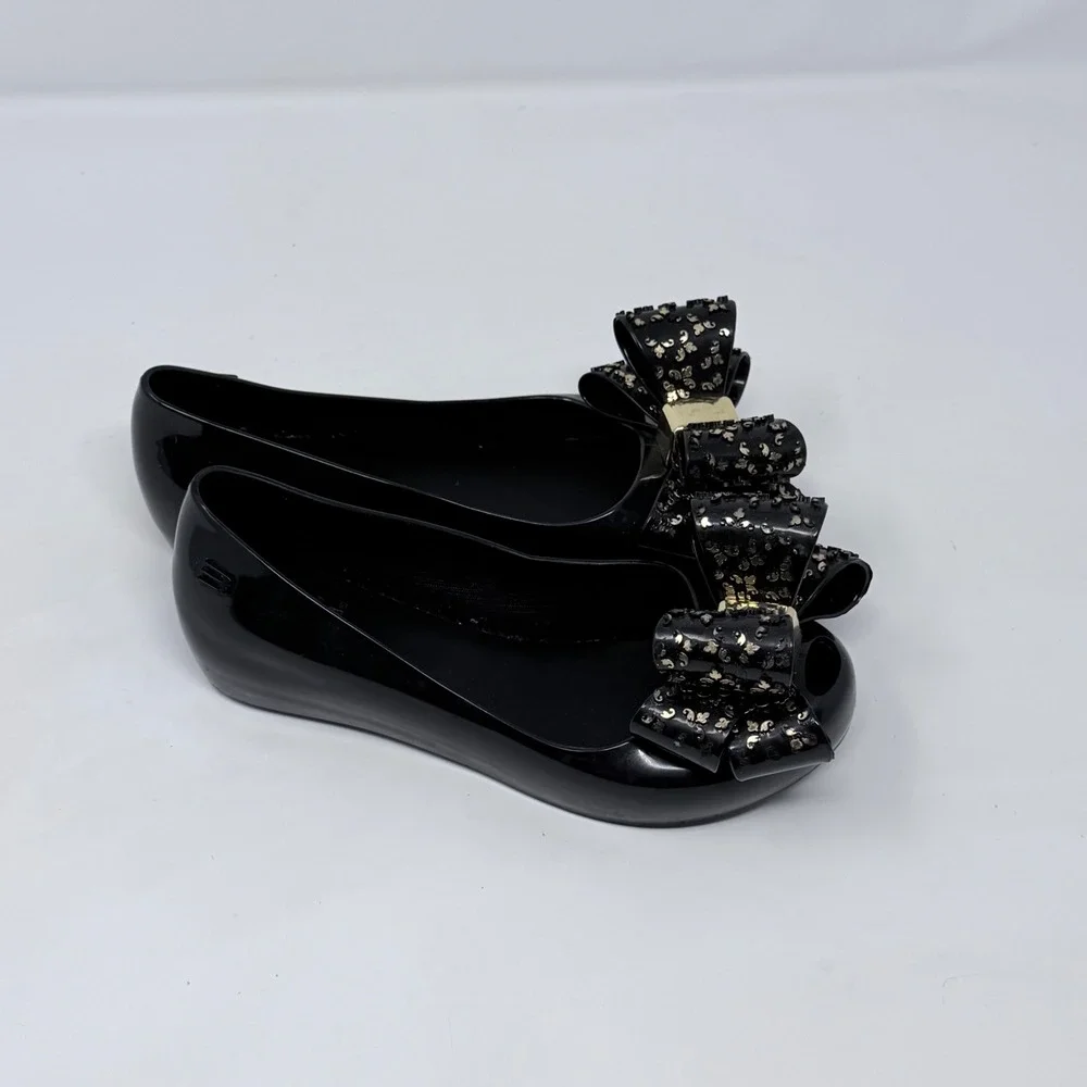 Mel by Melissa Kids Black Jelly Ballet Flats Bow Leopard Print Size 12 USA